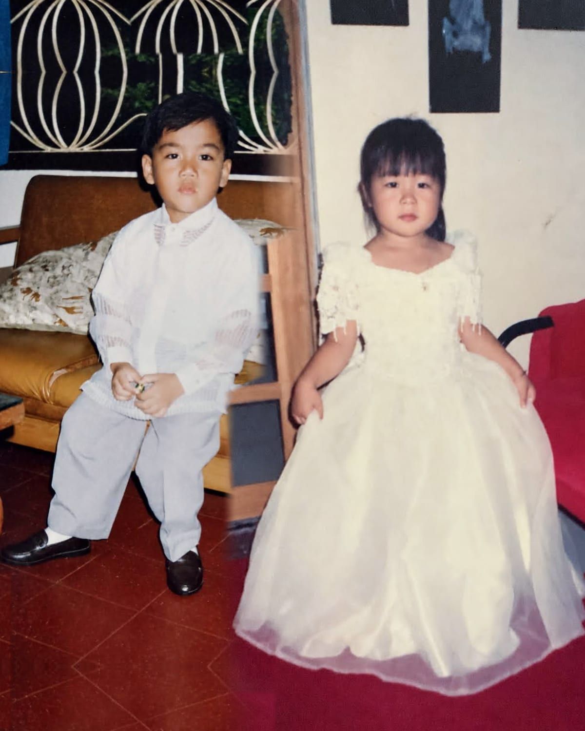 Then: Joboy as a little boy in a white barong and grey trousers, and Anna as a little girl in a white ball gown, side by side in old film prints.
